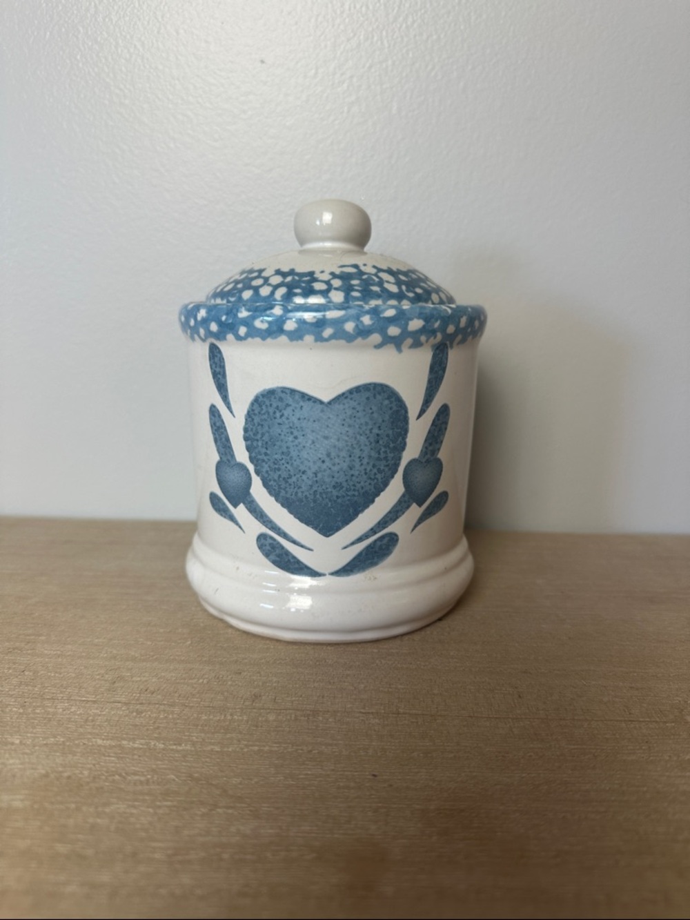 Corelle White stoneware Jar with Blue Heart Motif